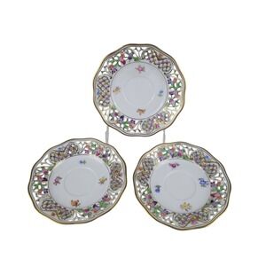 Schumann Germany Chateau Dresden Flowers Reticulated Saucers Set of 3 Gold Rim